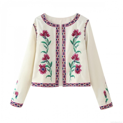 Women's Vintage Embroidered Short Jacket 100% Polyester Long Sleeve Round Neck Outwear Bohemian Floral Pattern Single Breasted Cardigan Coat For Autumn Winter Fashion