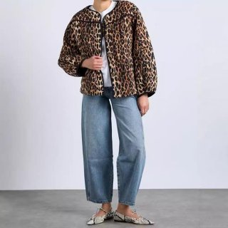 Women Leopard Print Quilted Jacket Vintage Round Neck Single Breasted Padded Coat Casual Retro Autumn Outerwear With Black Piping