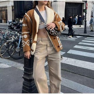 Women Retro Ethnic Embroidered Suede Jacket With Faux Lamb Wool Trim Bohemian Lapel Single Breasted Warm Winter Outerwear Casual Coat