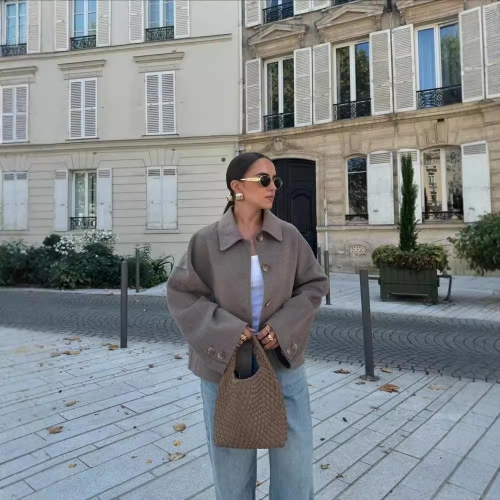 Women's Casual British Style Short Woolen Jacket Loose Lapel Long Sleeve Single Breasted Coat With Pockets For Autumn Winter