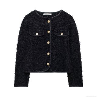 Women Elegant Chanel Style Tweed Jacket Short Round Neck Long Sleeve Button Up Outerwear With Leather Trim For Office Daily Party Black Fall Cardigan
