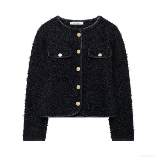 Women Elegant Chanel Style Tweed Jacket Short Round Neck Long Sleeve Button Up Outerwear With Leather Trim For Office Daily Party Black Fall Cardigan