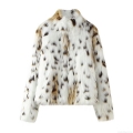 Women's Faux Fur Leopard Print Coat Mock Neck Loose Long Sleeve Winter Jacket Socialite Style Warm Outwear For Party
