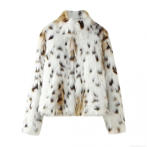 Women's Faux Fur Leopard Print Coat Mock Neck Loose Long Sleeve Winter Jacket Socialite Style Warm Outwear For Party