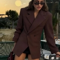 Women's Double Breasted Blazer Coffee Brown Structured Slim Fit Waist Suit Jacket Notch Lapel Office Commute Woven Polyester Outerwear Autumn Fashion