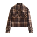 Women's Vintage Plaid Woolen Short Jacket Retro Lapel Long Sleeve Button Down Coat With Pockets And Leather Trim Fall Winter Loose Outwear