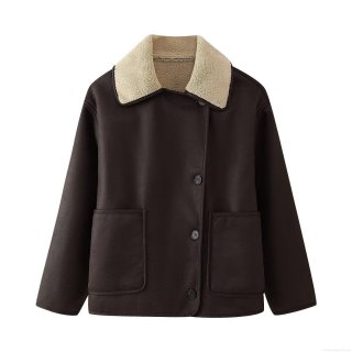 Women's Vintage Faux Suede Lamb Wool Padded Jacket Loose Fit Turn-down Collar Thick Warm Short Coat For Autumn Winter Casual Outwear