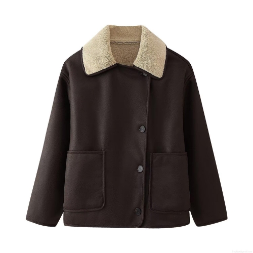 Women's Vintage Faux Suede Lamb Wool Padded Jacket Loose Fit Turn-down Collar Thick Warm Short Coat For Autumn Winter Casual Outwear