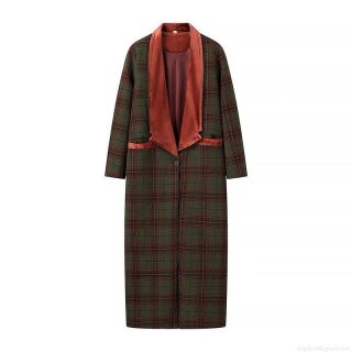 British Style Women Plaid Long Coat With Velvet Lapel Patchwork Single Breasted Polyester Overcoat For Autumn Winter Office Commute Streetwear