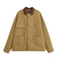 Women Vintage American Style Utility Jacket Contrast Corduroy Lapel Quilted Lining Loose Fit Polyester Outerwear With Four Pockets For Autumn Winter