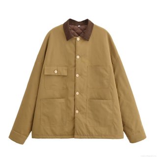 Women Vintage American Style Utility Jacket Contrast Corduroy Lapel Quilted Lining Loose Fit Polyester Outerwear With Four Pockets For Autumn Winter