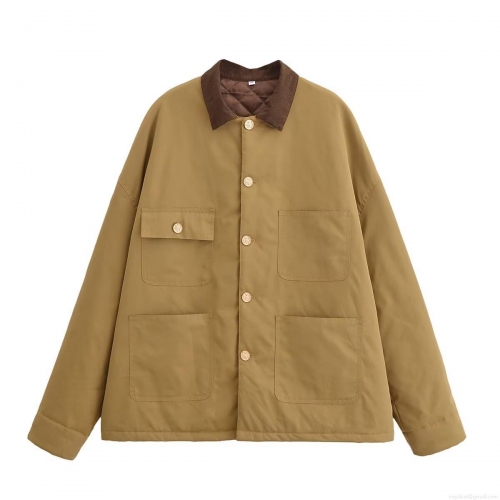 Women Vintage American Style Utility Jacket Contrast Corduroy Lapel Quilted Lining Loose Fit Polyester Outerwear With Four Pockets For Autumn Winter