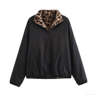 Women's Reversible Leopard Print Fleece Jacket Winter Warm Zipper Flight Bomber Coat Streetwear Loose Fit Casual Outerwear