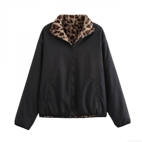 Women's Reversible Leopard Print Fleece Jacket Winter Warm Zipper Flight Bomber Coat Streetwear Loose Fit Casual Outerwear