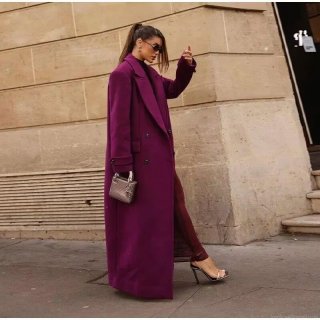 Women's Elegant Long Woolen Coat Double Breasted Notched Lapel Slim Fit Outerwear Fuchsia Trench Coat For Daily Office Autumn Winter
