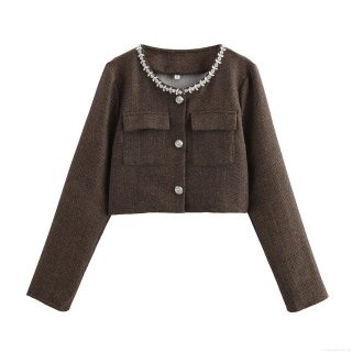 Women's Short Herringbone Jacket With Rhinestone Round Neck Long Sleeve Button Up Tweed Coat Casual Commute Loose Outerwear For Women Autumn Fashion