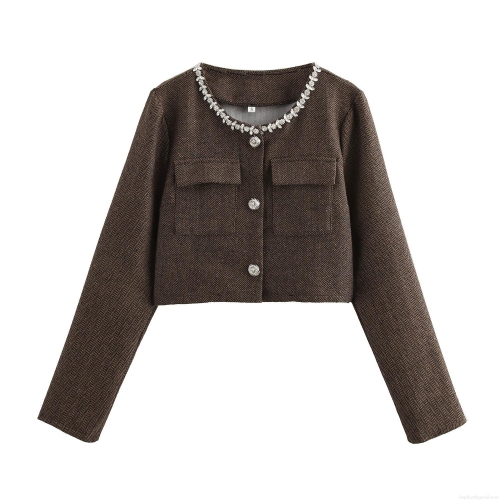 Women's Short Herringbone Jacket With Rhinestone Round Neck Long Sleeve Button Up Tweed Coat Casual Commute Loose Outerwear For Women Autumn Fashion