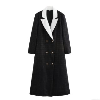 Women's Longline Tweed Blazer Coat Contrast White Peak Lapel Double Breasted Jacket With Gold Buttons Elegant Vintage Streetwear Outerwear For Autumn Winter