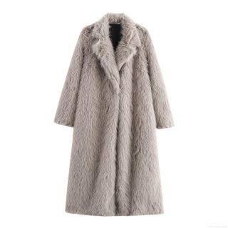 Women's Extra Long Faux Fur Coat Western Trendy Suit Collar Synthetic Fur Jacket Solid Color Winter Warm Overcoat Street Style Outwear