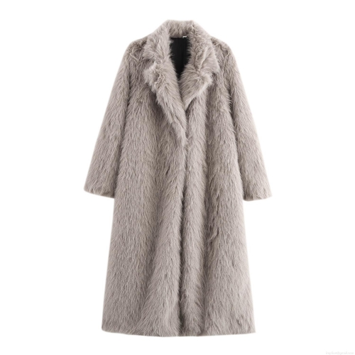Women's Extra Long Faux Fur Coat Western Trendy Suit Collar Synthetic Fur Jacket Solid Color Winter Warm Overcoat Street Style Outwear