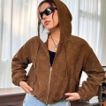 Women's American Retro Corduroy Hooded Jacket Short Loose Zipper Sherpa Lined Outerwear Brown Long Sleeve Casual Warm Fleece Coat for Autumn Winter