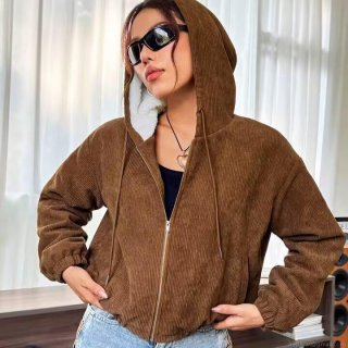 Women's American Retro Corduroy Hooded Jacket Short Loose Zipper Sherpa Lined Outerwear Brown Long Sleeve Casual Warm Fleece Coat for Autumn Winter