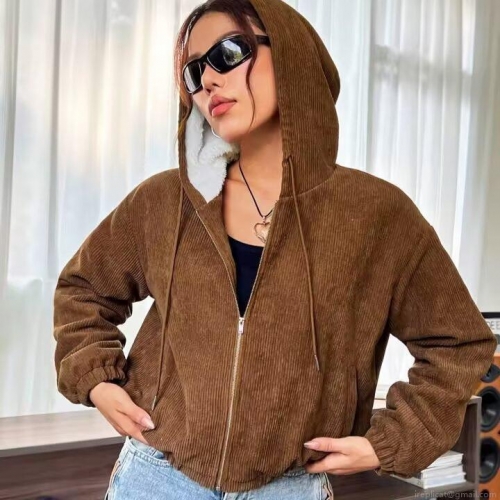 Women's American Retro Corduroy Hooded Jacket Short Loose Zipper Sherpa Lined Outerwear Brown Long Sleeve Casual Warm Fleece Coat for Autumn Winter