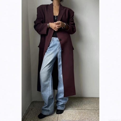 Elegant Women's Long Trench Coat Suit Collar Single Breasted Loose Polyester Overcoat For Autumn Winter Urban Commuting Fashion Long Sleeve Solid Color Outerwear