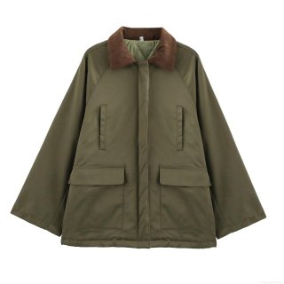 Women's Vintage Army Green Jacket Corduroy Lapel Color Block Quilted Lining Zipper Coat Loose Casual Thick Outerwear For Autumn Winter