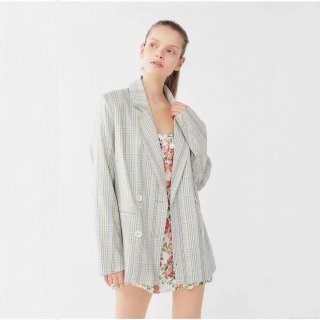 Women's Light Green Plaid Blazer Jacket Double Breasted Cotton Blend Lapel Suit Coat For Office Casual British Style Outerwear