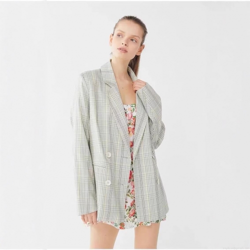 Women's Light Green Plaid Blazer Jacket Double Breasted Cotton Blend Lapel Suit Coat For Office Casual British Style Outerwear