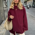 Women's Scarf Neck Woolen Coat 100% Polyester Warm Long Sleeve Loose Fit Oversized British Style Elegant Burgundy Red Asymmetric Design For Women Lady With Buttons And Side Pockets