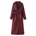 Women's Extra Long PU Leather Trench Coat Windproof Lapel Motorcycle Style Jacket With Belt Double Breasted Wine Red Faux Leather Overcoat for Autumn Winter