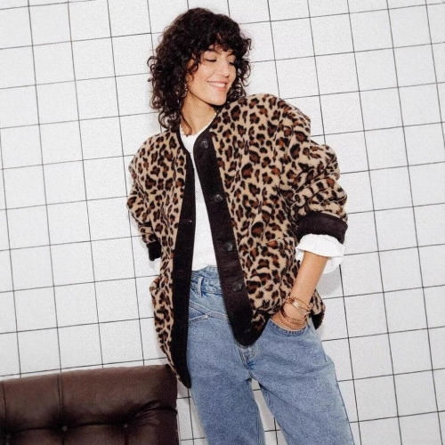Women's Leopard Print Jacket Faux Sherpa Fleece Coat Polyester Corduroy Patchwork Round Neck Single Breasted Buttons Loose Fit Outerwear For Casual Streetwear Autumn Winter Vintage Fashion