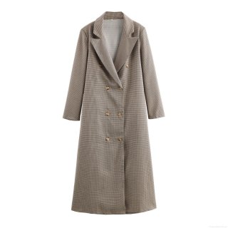 Women's British Style Houndstooth Long Coat Double Breasted Plaid Woolen Blend Jacket Elegant Overcoat For Autumn Winter Office Lady
