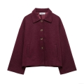 Women's Vintage Loose Fit Woolen Look Jacket Lapel Long Sleeve Single Breasted Short Coat Fall Winter Casual Outwear Wine Red Jacket