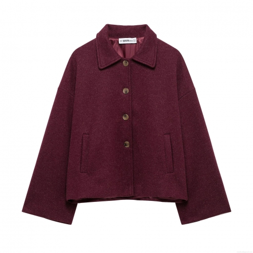 Women's Vintage Loose Fit Woolen Look Jacket Lapel Long Sleeve Single Breasted Short Coat Fall Winter Casual Outwear Wine Red Jacket