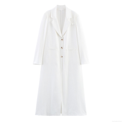 Women's Extra Long Trench Coat Notch Lapel Single Breasted Oversized Faux Linen Texture Polyester Casual Office Coat Solid Color White For Women