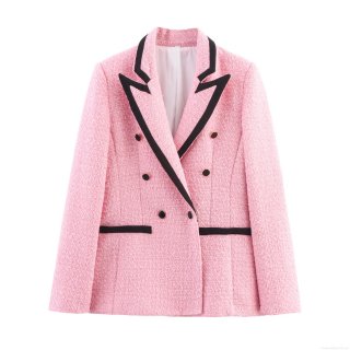 Elegant Women Pink Tweed Blazer Contrast Notch Lapel Double Breasted British Style Commute Suit Jacket For Office Ladies Fashion Outwear