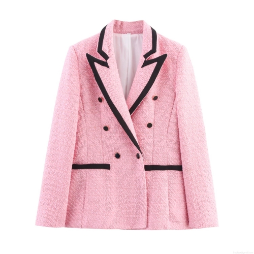 Elegant Women Pink Tweed Blazer Contrast Notch Lapel Double Breasted British Style Commute Suit Jacket For Office Ladies Fashion Outwear