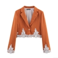 Women's Elegant British Style Short Blazer Jacket With White Lace Stitching Notched Lapel Long Sleeve Single Gold Button Solid Color Office Commute Coat