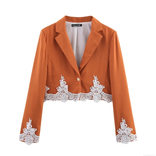 Women's Elegant British Style Short Blazer Jacket With White Lace Stitching Notched Lapel Long Sleeve Single Gold Button Solid Color Office Commute Coat