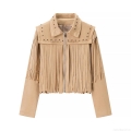 Women's Bohemian Faux Suede Fringe Jacket Western Cowboy Tassel Coat With Rivets Long Sleeve Zipper Short Outerwear For Women Streetwear