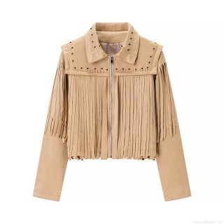 Women's Bohemian Faux Suede Fringe Jacket Western Cowboy Tassel Coat With Rivets Long Sleeve Zipper Short Outerwear For Women Streetwear