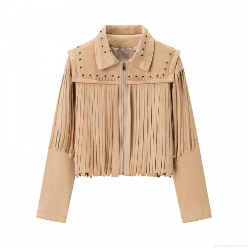 Women's Bohemian Faux Suede Fringe Jacket Western Cowboy Tassel Coat With Rivets Long Sleeve Zipper Short Outerwear For Women Streetwear
