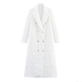 Women White Extra Long Trench Coat With 3D Texture Tassel Fabric Double Breasted Blazer Collar Long Sleeve Outerwear For Autumn Winter Office Lady