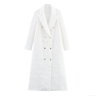 Women White Extra Long Trench Coat With 3D Texture Tassel Fabric Double Breasted Blazer Collar Long Sleeve Outerwear For Autumn Winter Office Lady