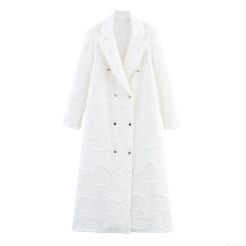 Women White Extra Long Trench Coat With 3D Texture Tassel Fabric Double Breasted Blazer Collar Long Sleeve Outerwear For Autumn Winter Office Lady