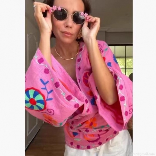 Women Boho Floral Embroidered Cardigan Jacket Sweet Pink Loose Long Sleeve Tie Front Polyester Outerwear Beach Holiday Casual Coat