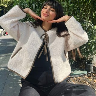 Women's Lamb Wool Coat Contrast Leather Piping Bow Tie Round Neck Loose Short Jacket For Winter Autumn Elegant Commute Sweet Lady Outerwear